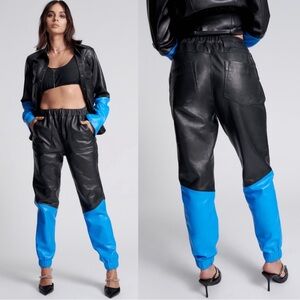 One Teaspoon Stand By Leather Two Tone Track Pants Size Medium NWT Black Blue